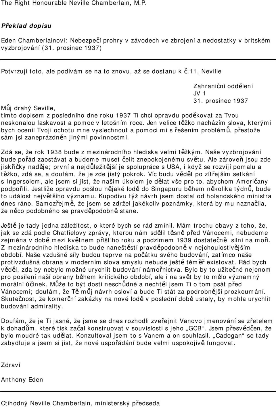 prosinec 1937 Můj drahý Seville, tímto dopisem z posledního dne roku 1937 Ti chci opravdu poděkovat za Tvou neskonalou laskavost a pomoc v letošním roce.