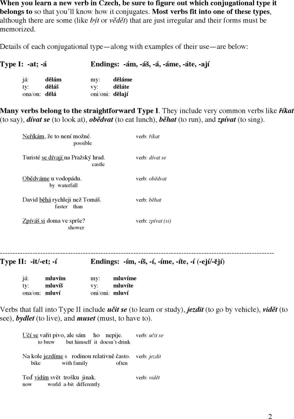 Details of each conjugational type along with examples of their use are below: Type I: -at; -á Endings: -ám, -áš, -á, -áme, -áte, -ají já: dělám my: děláme ty: děláš vy: děláte ona/on: dělá oni/oni: