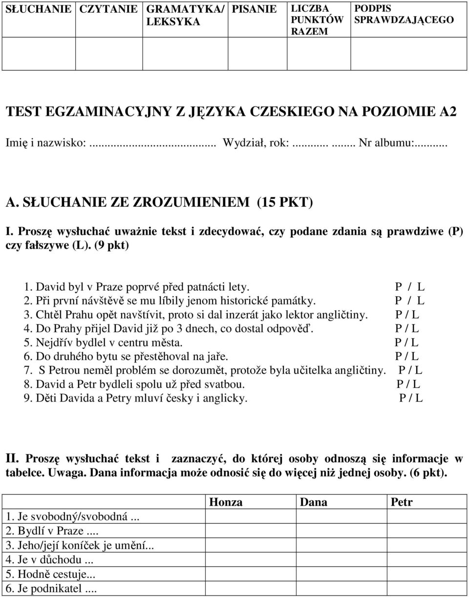 Při první návštěvě se mu líbily jenom historické památky. P / L 3. Chtěl Prahu opět navštívit, proto si dal inzerát jako lektor angličtiny. P / L 4.