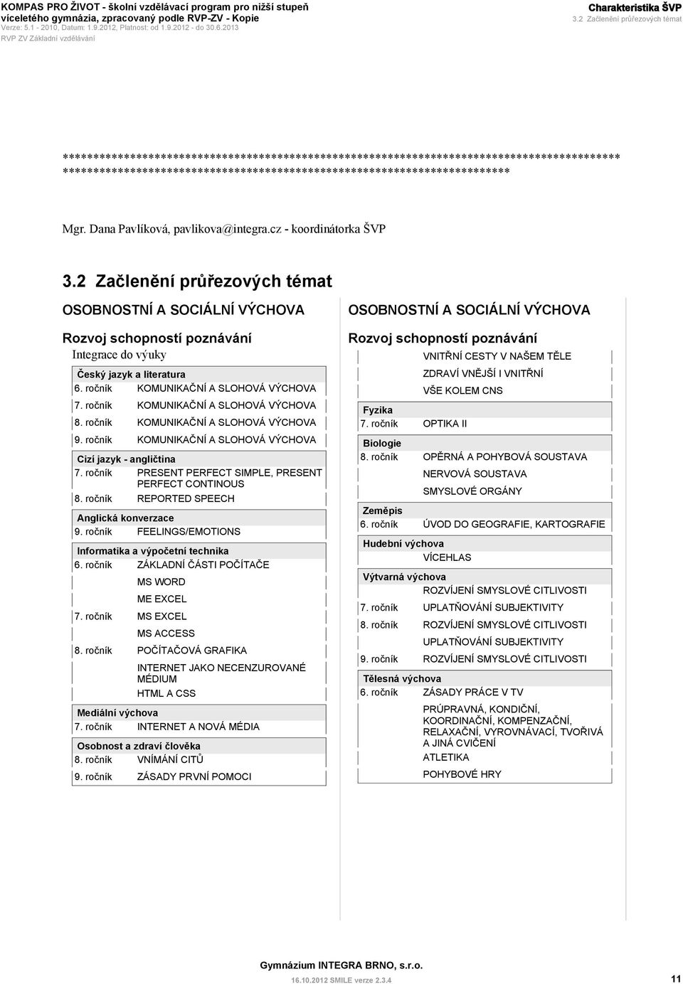 Dana Pavlíková, pavlikova@integra.cz - koordinátorka ŠVP 3.2 Začlenění průřezových témat OSOBNOSTNÍ A SOCIÁLNÍ VÝCHOVA Rozvoj schopností poznávání Integrace do výuky Český jazyk a literatura 6.