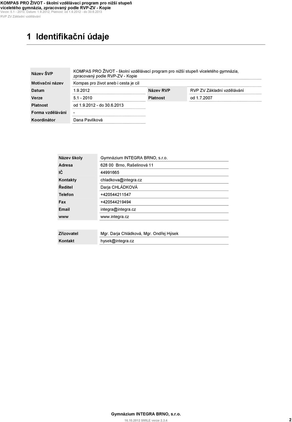 cesta je cíl 5.1-2010 Platnost od 1.9.2012 - do 30.6.2013 Forma vzdělávání - Koordinátor Dana Pavlíková Název RVP Platnost od 1.7.