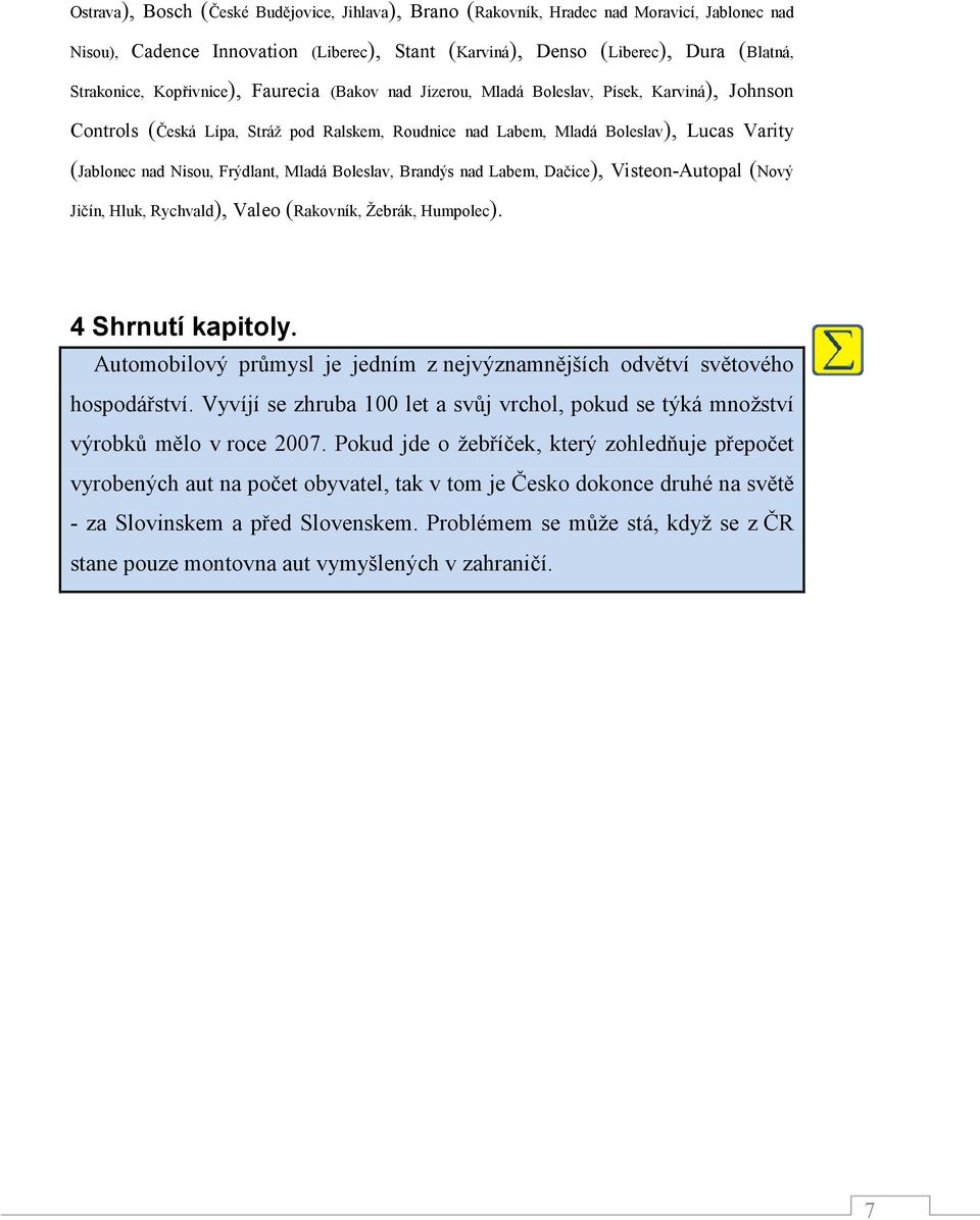 Frýdlant, Mladá Boleslav, Brandýs nad Labem, Dačice), Visteon-Autopal (Nový Jičín, Hluk, Rychvald), Valeo (Rakovník, Žebrák, Humpolec). 4 Shrnutí kapitoly.