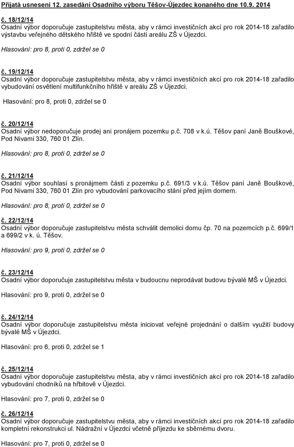 T šov paní Jan Bouškové, Pod Nivami 330, 760 01 Zlín.. 21/12/14 Osadní výbor souhlasí s pronájmem ásti z pozemku p.. 691/3 v k.ú.