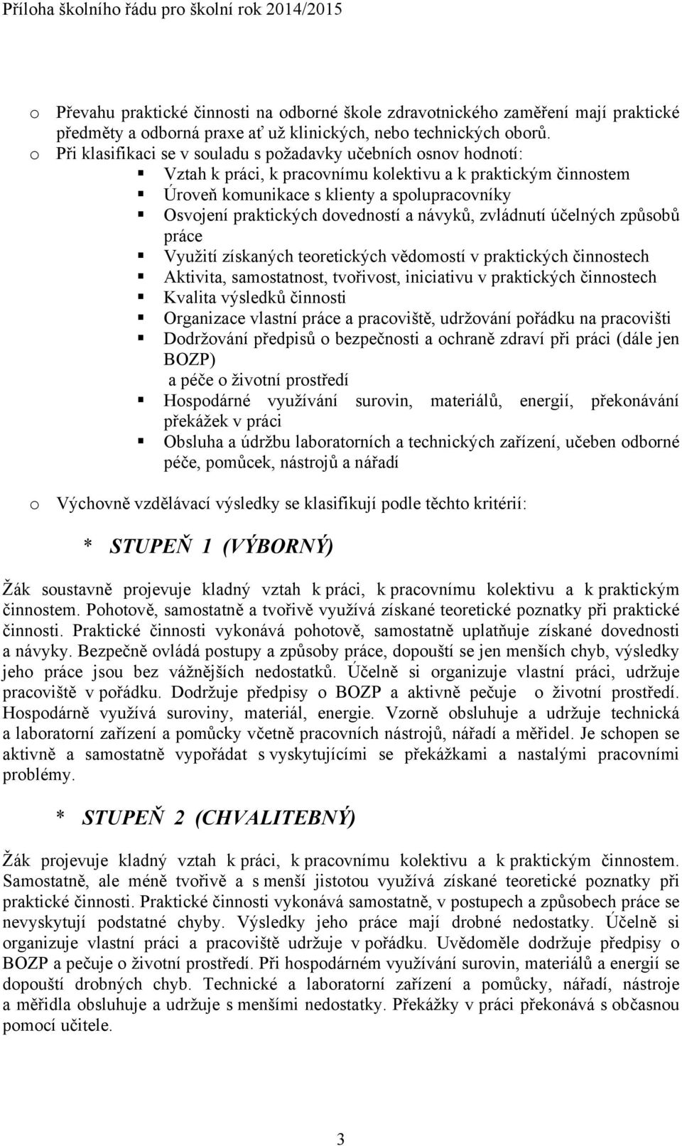 dovedností a návyků, zvládnutí účelných způsobů práce Využití získaných teoretických vědomostí v praktických činnostech Aktivita, samostatnost, tvořivost, iniciativu v praktických činnostech Kvalita