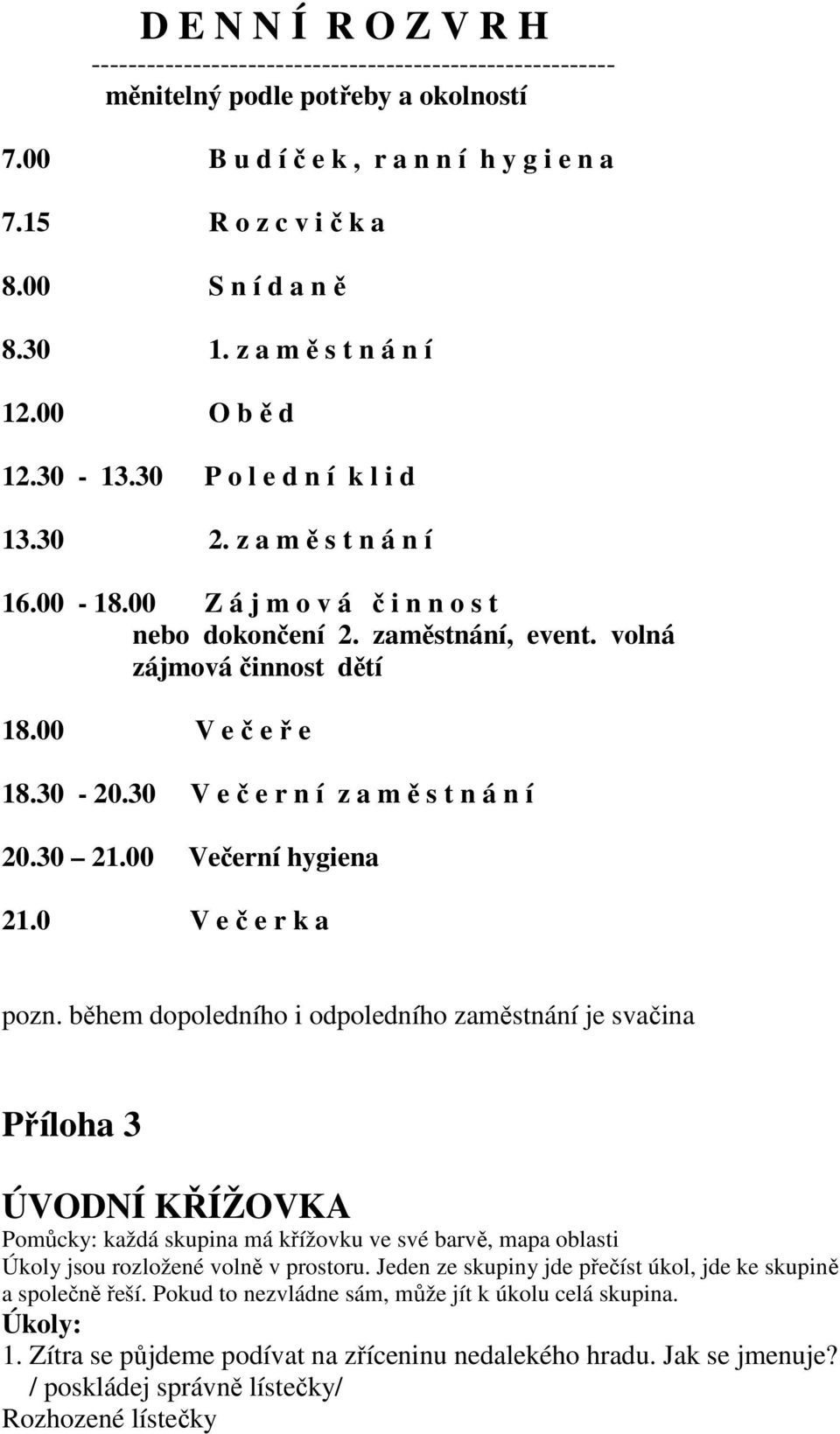 volná zájmová činnost dětí 18.00 V e č e ř e 18.30-20.30 V e č e r n í z a m ě s t n á n í 20.30 21.00 Večerní hygiena 21.0 V e č e r k a pozn.