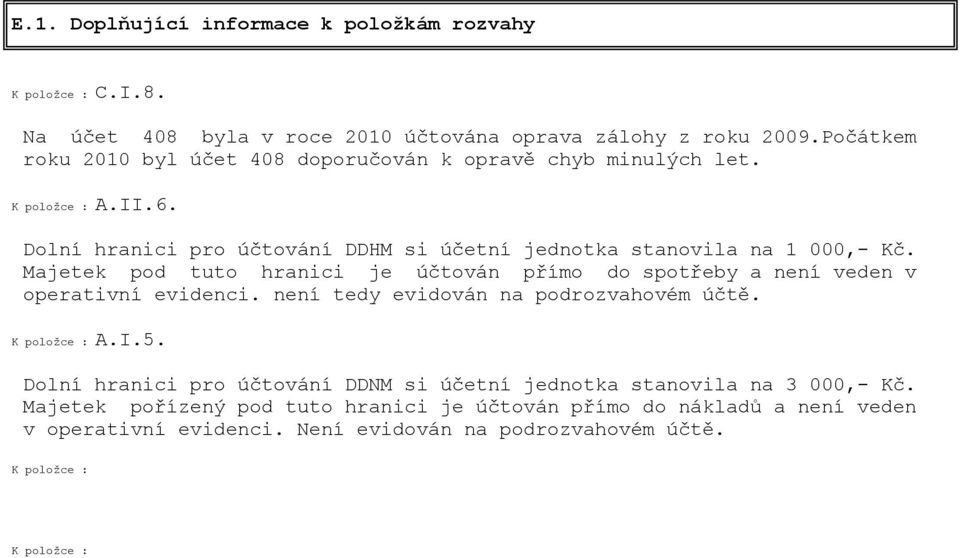 Majetek pod tuto hranici je účtován přímo do spotřeby a není veden v operativní evidenci. není tedy evidován na podrozvahovém účtě. K položce : A.I.5.