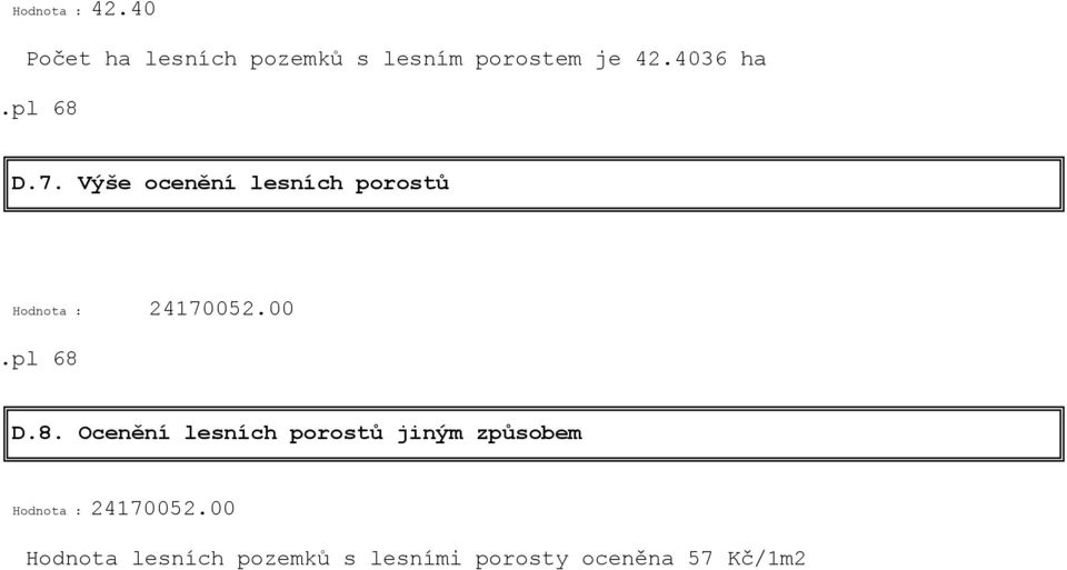 Výše ocenění lesních porostů Hodnota : 24170052.00 D.8.