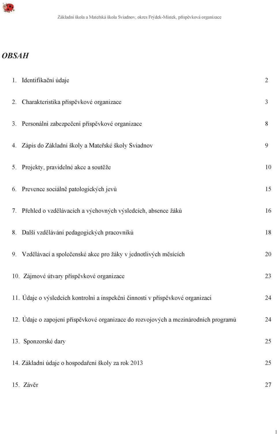 Další vzdělávání pedagogických pracovníků 18 9. Vzdělávací a společenské akce pro žáky v jednotlivých měsících 20 10. Zájmové útvary příspěvkové organizace 23 11.