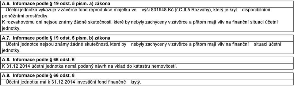 K rozvahovému dni nejsou známy žádné skutečnosti, které by nebyly zachyceny v závěrce a přitom mají vliv na finanční situaci účetní jednotky. A.7. Informace podle 19 odst. 5 písm.