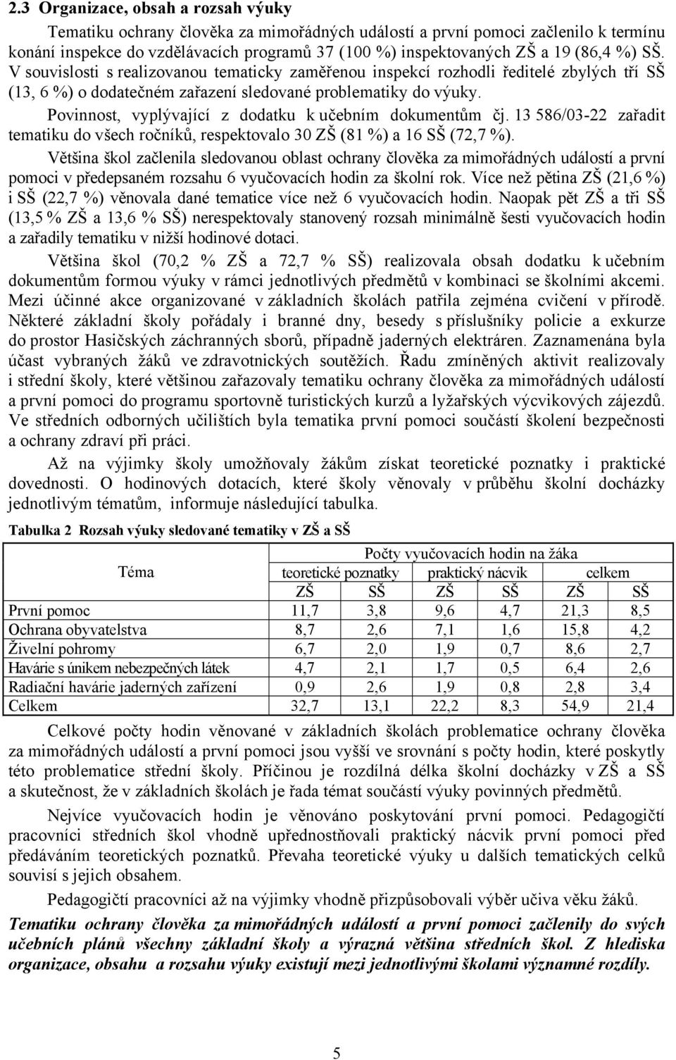 Povinnost, vyplývající z dodatku k učebním dokumentům čj. 13 586/03-22 zařadit tematiku do všech ročníků, respektovalo 30 ZŠ (81 %) a 16 SŠ (72,7 %).