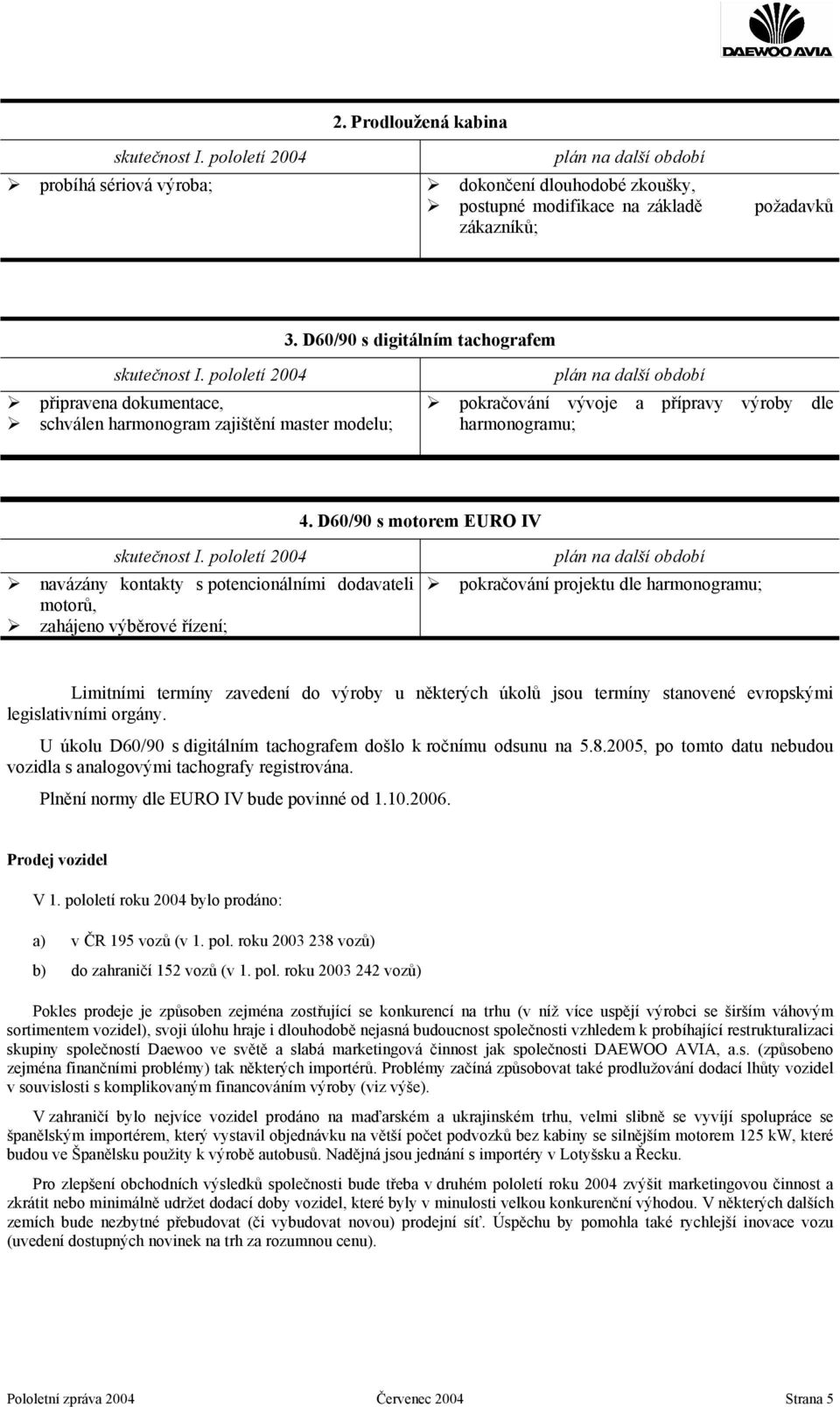 pololetí 2004 připravena dokumentace, schválen harmonogram zajištění master modelu; plán na další období pokračování vývoje a přípravy výroby dle harmonogramu; 4.