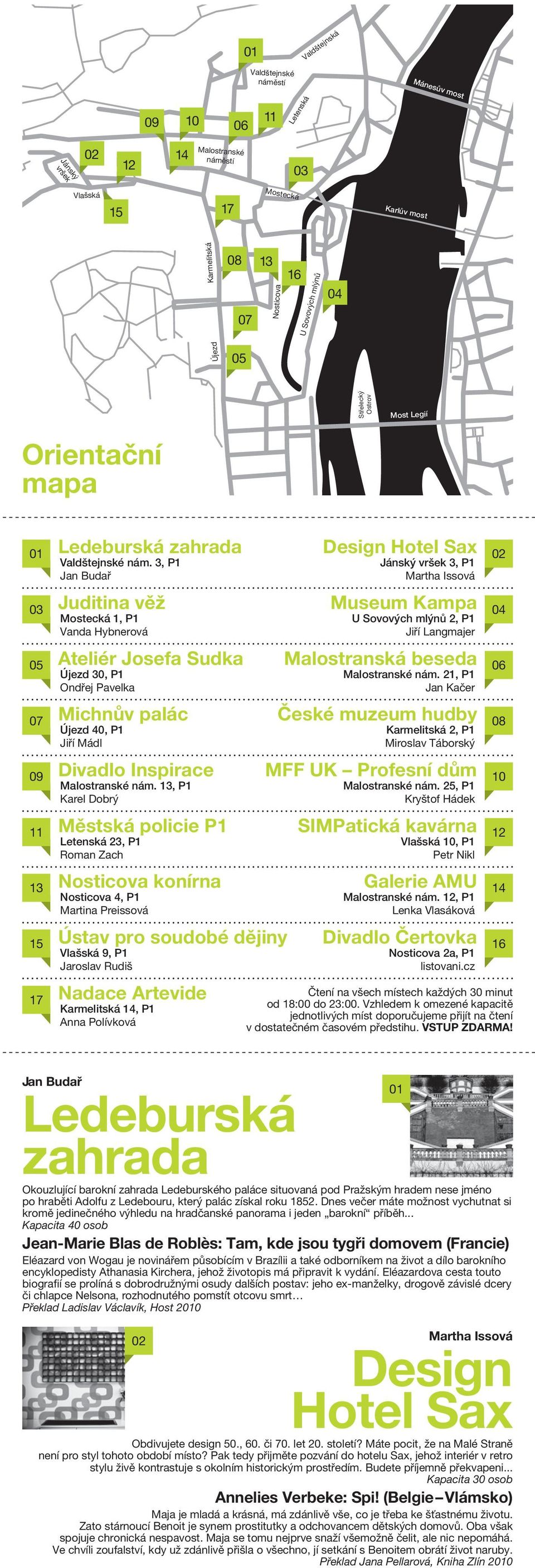 3, P1 Jan Budař Juditina věž Mostecká 1, P1 Vanda Hybnerová Ateliér Josefa Sudka Újezd 30, P1 Ondřej Pavelka Michnův palác Újezd 40, P1 Jiří Mádl Divadlo Inspirace Malostranské nám.