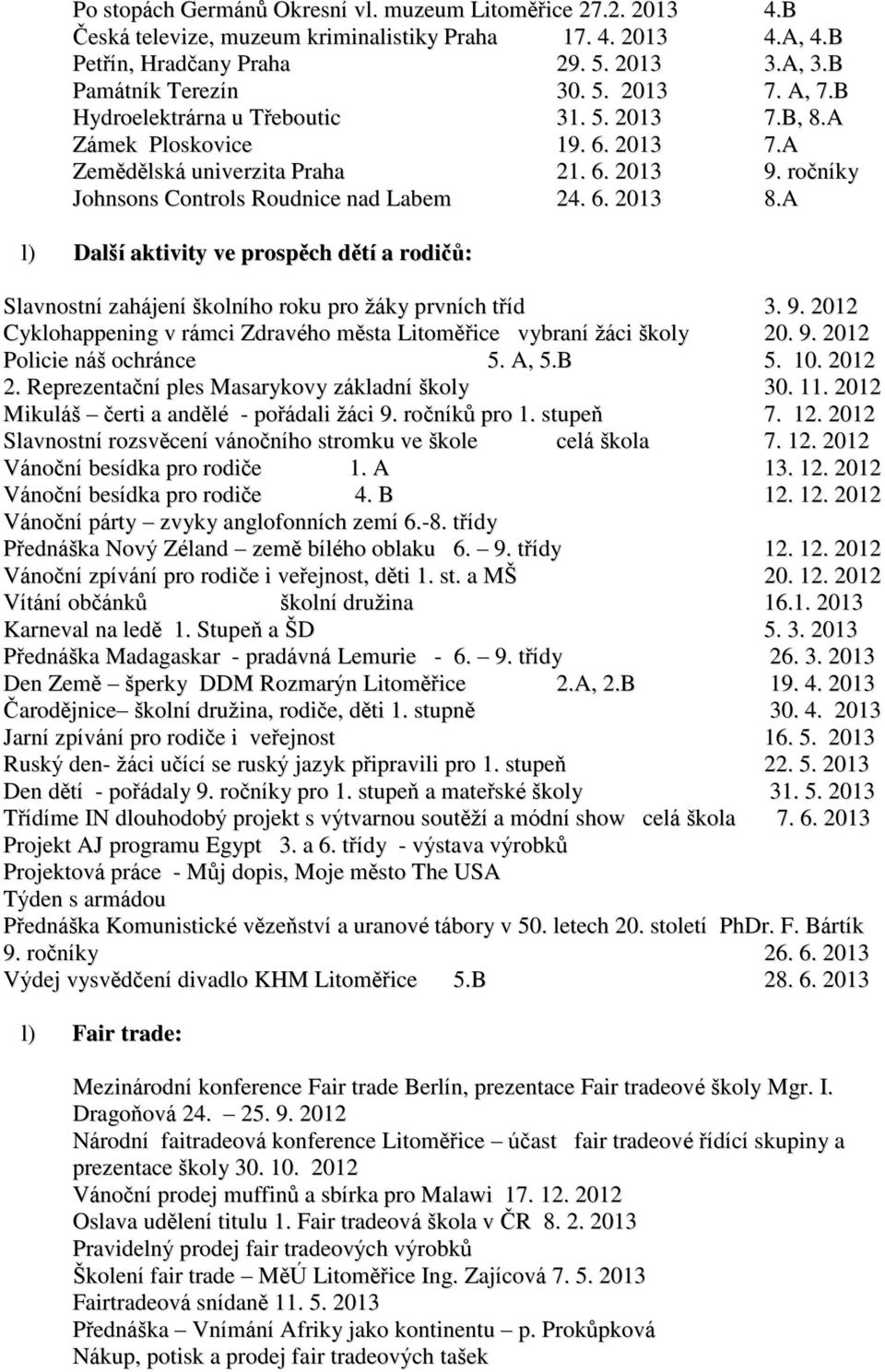 A l) Další aktivity ve prospěch dětí a rodičů: Slavnostní zahájení školního roku pro žáky prvních tříd 3. 9. 2012 Cyklohappening v rámci Zdravého města Litoměřice vybraní žáci školy 20. 9. 2012 Policie náš ochránce 5.