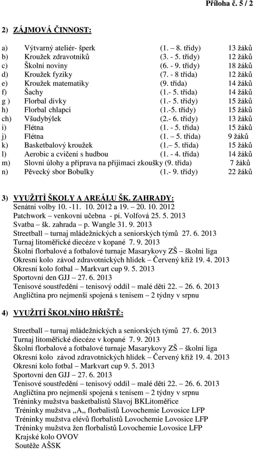 třídy) 13 žáků i) Flétna (1. - 5. třída) 15 žáků j) Flétna (1. 5. třída) 9 žáků k) Basketbalový kroužek (1. 5. třída) 15 žáků l) Aerobic a cvičení s hudbou (1. - 4.