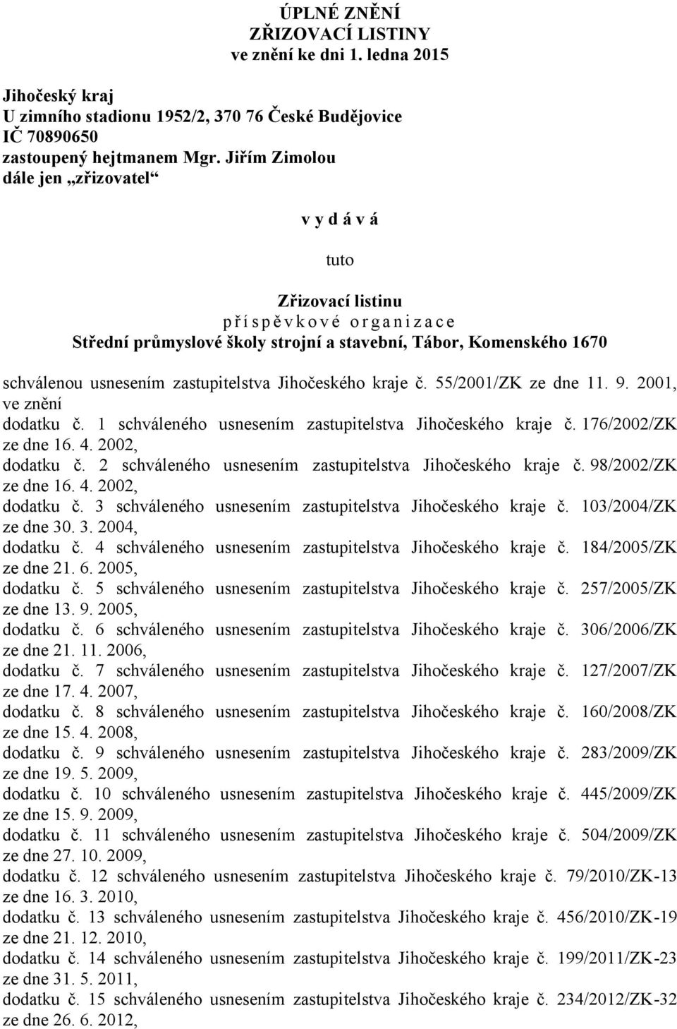 zastupitelstva Jihočeského kraje č. 55/2001/ZK ze dne 11. 9. 2001, ve znění dodatku č. 1 schváleného usnesením zastupitelstva Jihočeského kraje č. 176/2002/ZK ze dne 16. 4. 2002, dodatku č.