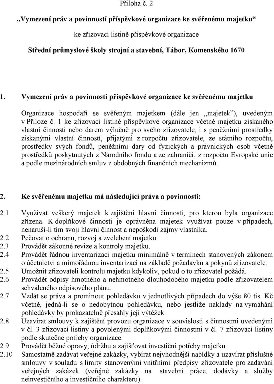 1 ke zřizovací listině příspěvkové organizace včetně majetku získaného vlastní činností nebo darem výlučně pro svého zřizovatele, i s peněžními prostředky získanými vlastní činností, přijatými z