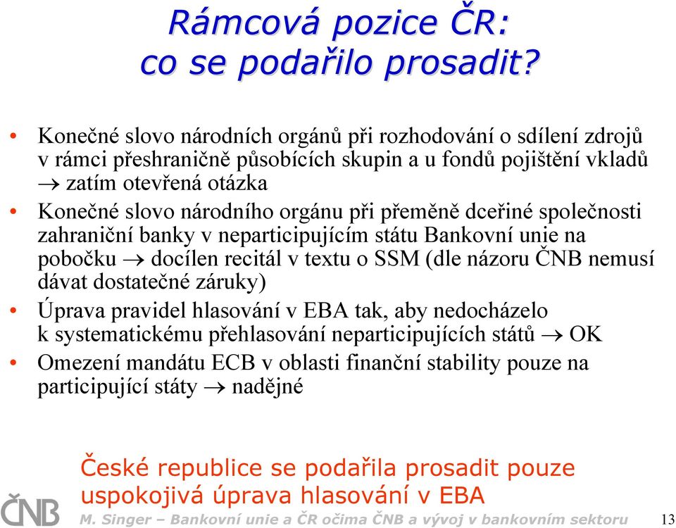 přeměně dceřiné společnosti zahraniční banky v neparticipujícím státu Bankovní unie na pobočku docílen recitál v textu o SSM (dle názoru ČNB nemusí dávat dostatečné záruky) Úprava