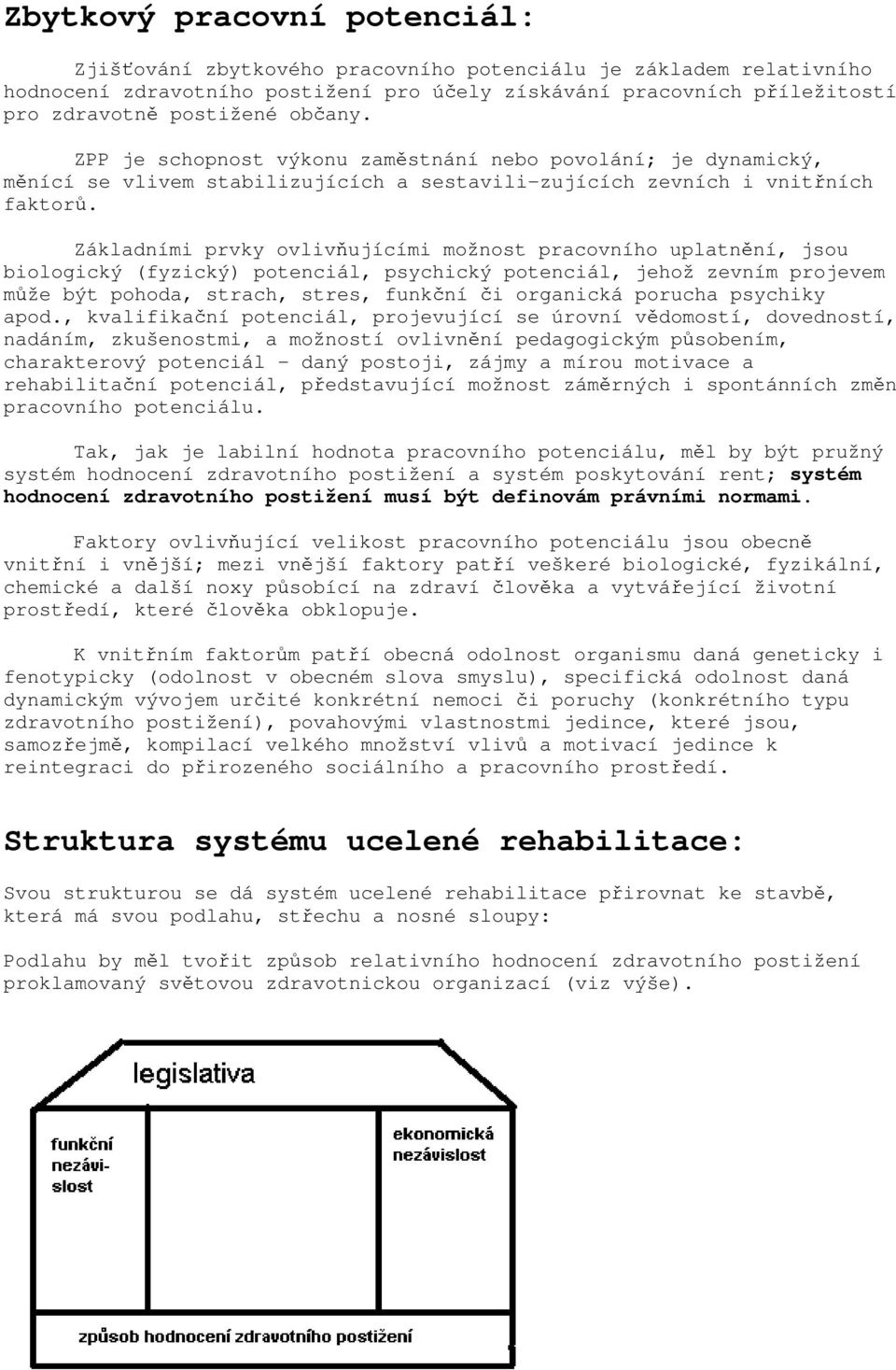 Základními prvky ovlivňujícími možnost pracovního uplatnění, jsou biologický (fyzický) potenciál, psychický potenciál, jehož zevním projevem může být pohoda, strach, stres, funkční či organická