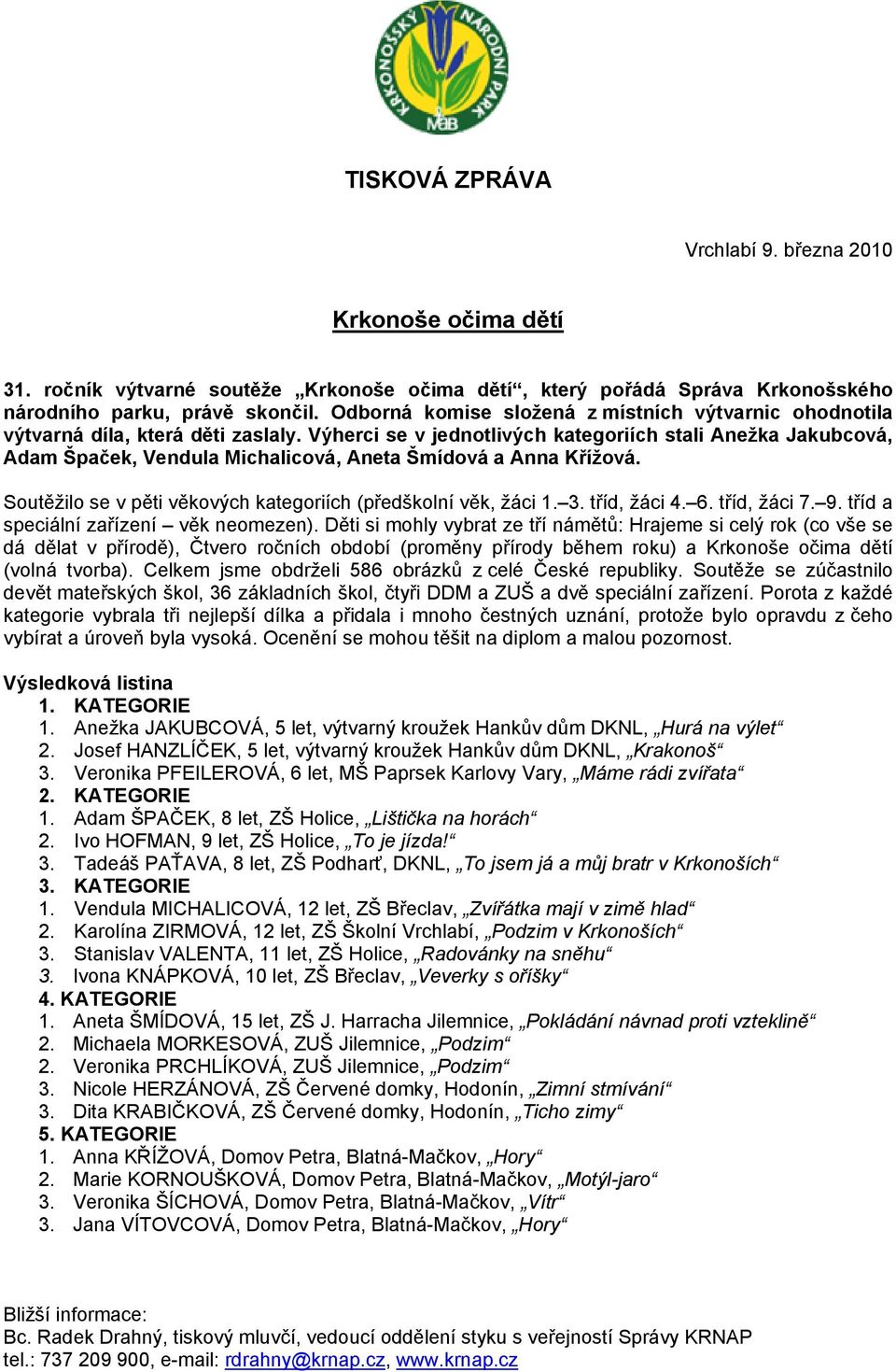 Výherci se v jednotlivých kategoriích stali Anežka Jakubcová, Adam Špaček, Vendula Michalicová, Aneta Šmídová a Anna Křížová. Soutěžilo se v pěti věkových kategoriích (předškolní věk, žáci 1. 3.