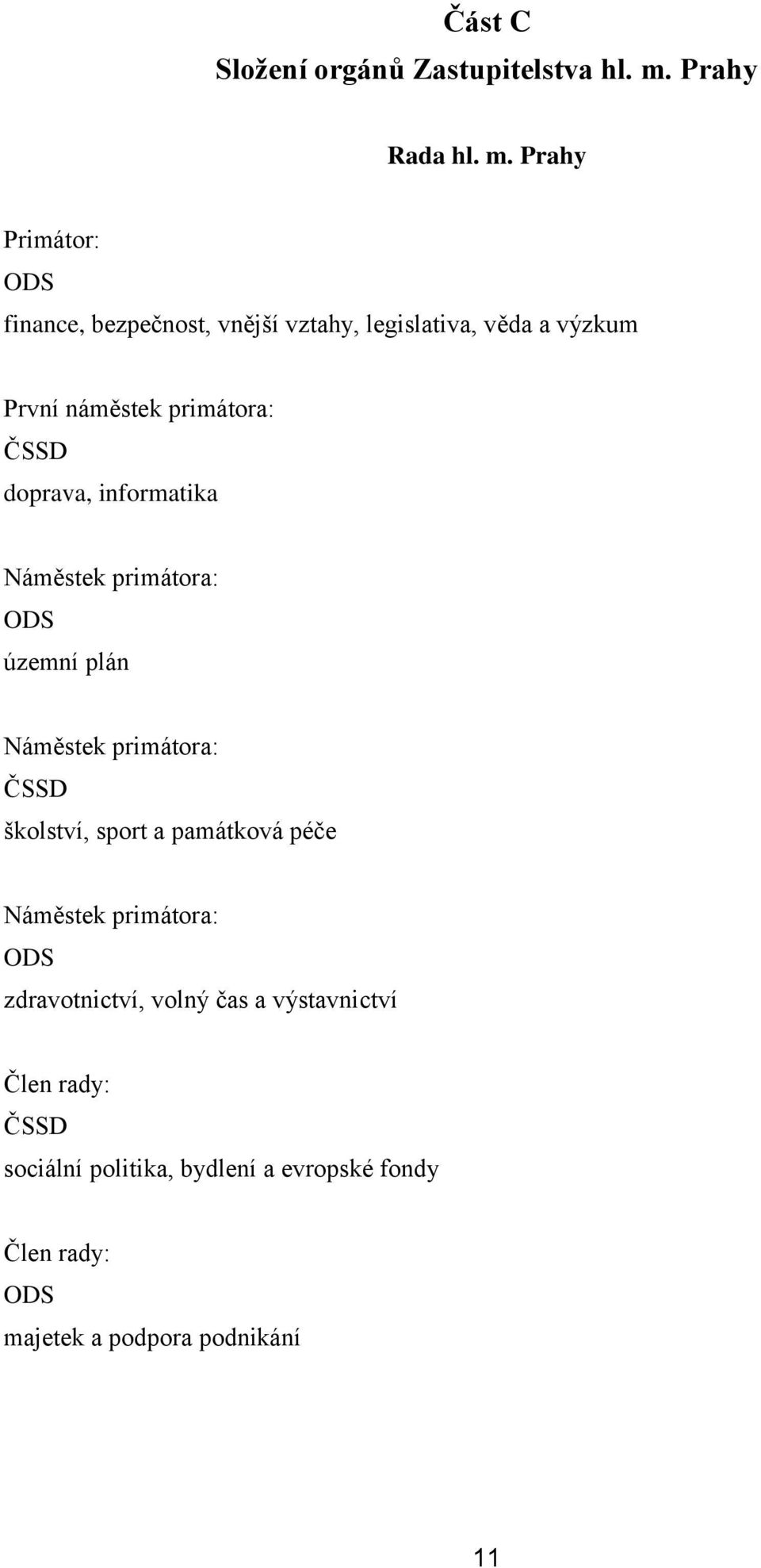 Prahy Primátor: ODS finance, bezpečnost, vnější vztahy, legislativa, věda a výzkum První náměstek primátora: ČSSD