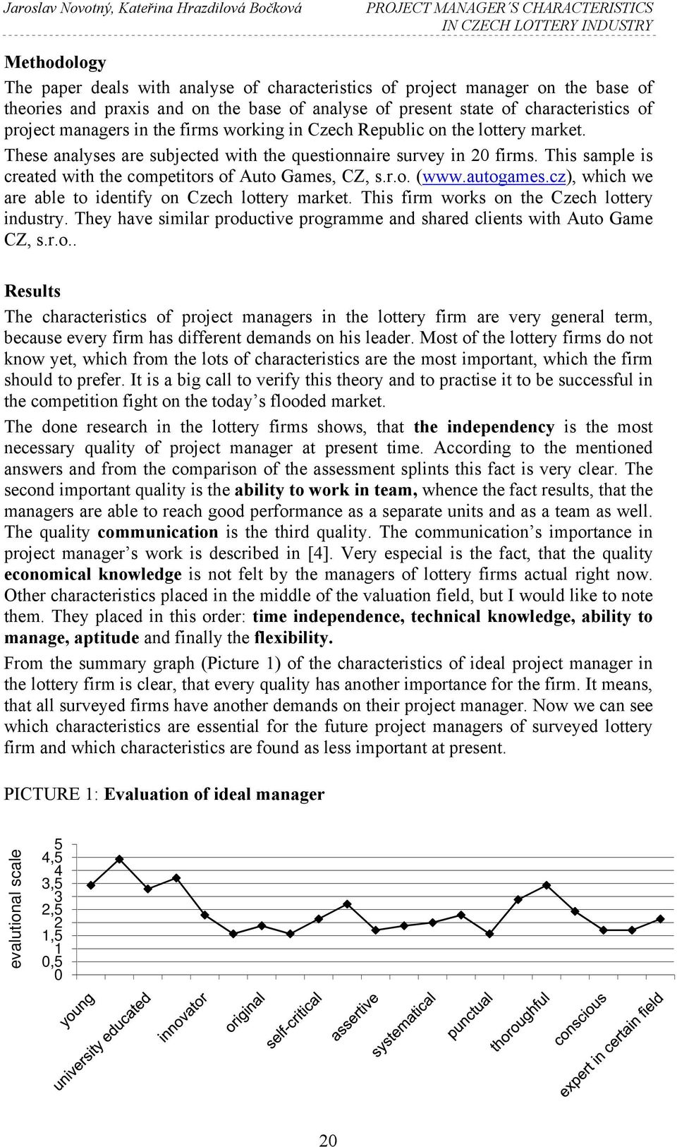 These analyses are subjected with the questionnaire survey in 20 firms. This sample is created with the competitors of Auto Games, CZ, s.r.o. (www.autogames.