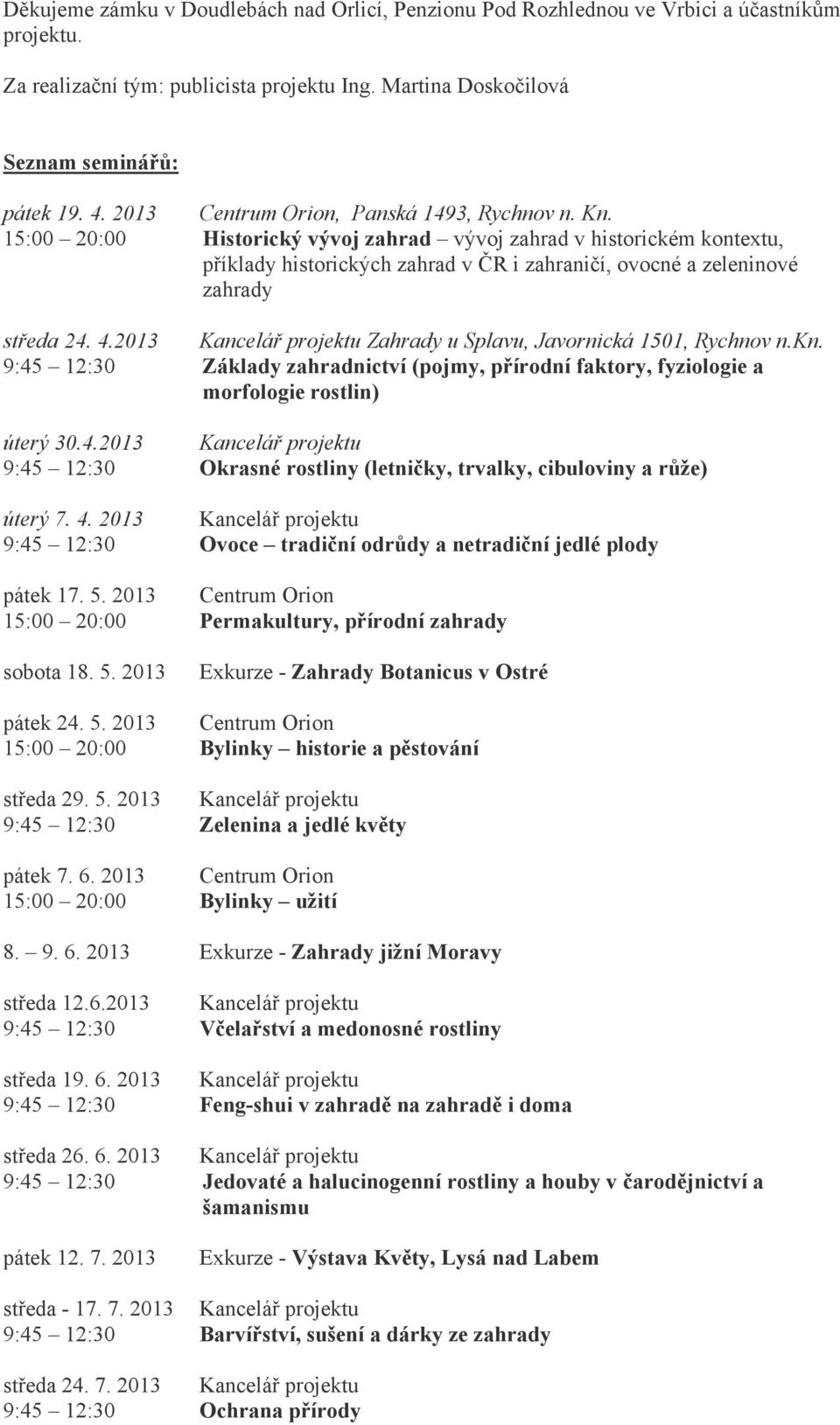 15:00 20:00 Historický vývoj zahrad vývoj zahrad v historickém kontextu, příklady historických zahrad v ČR i zahraničí, ovocné a zeleninové zahrady středa 24. 4.