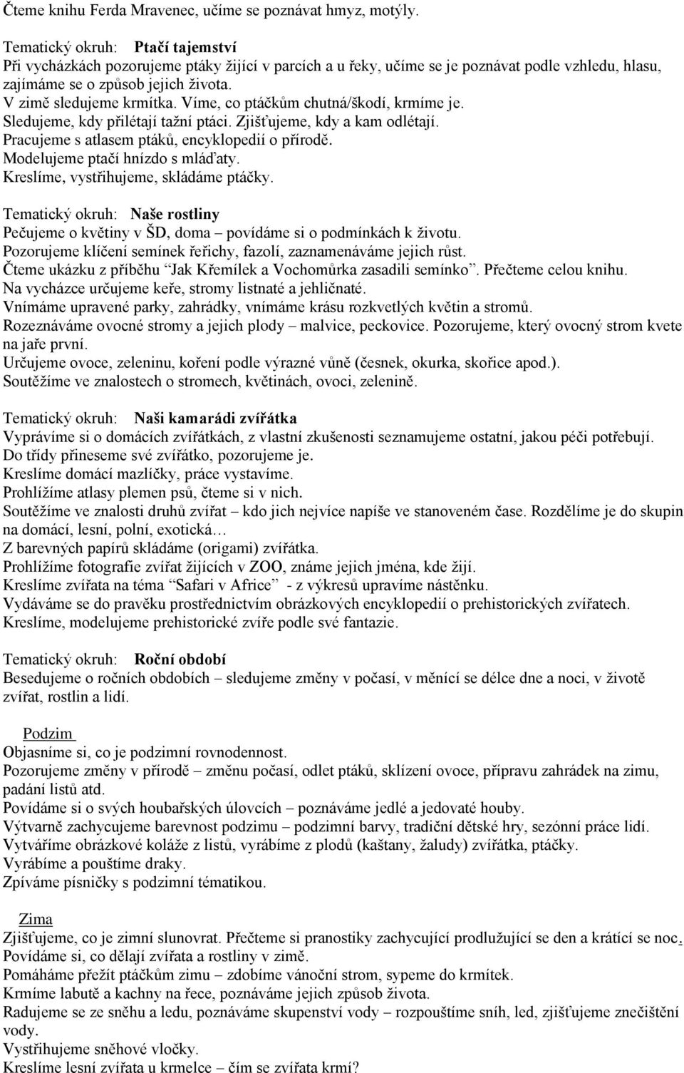 Víme, co ptáčkům chutná/škodí, krmíme je. Sledujeme, kdy přilétají tažní ptáci. Zjišťujeme, kdy a kam odlétají. Pracujeme s atlasem ptáků, encyklopedií o přírodě. Modelujeme ptačí hnízdo s mláďaty.