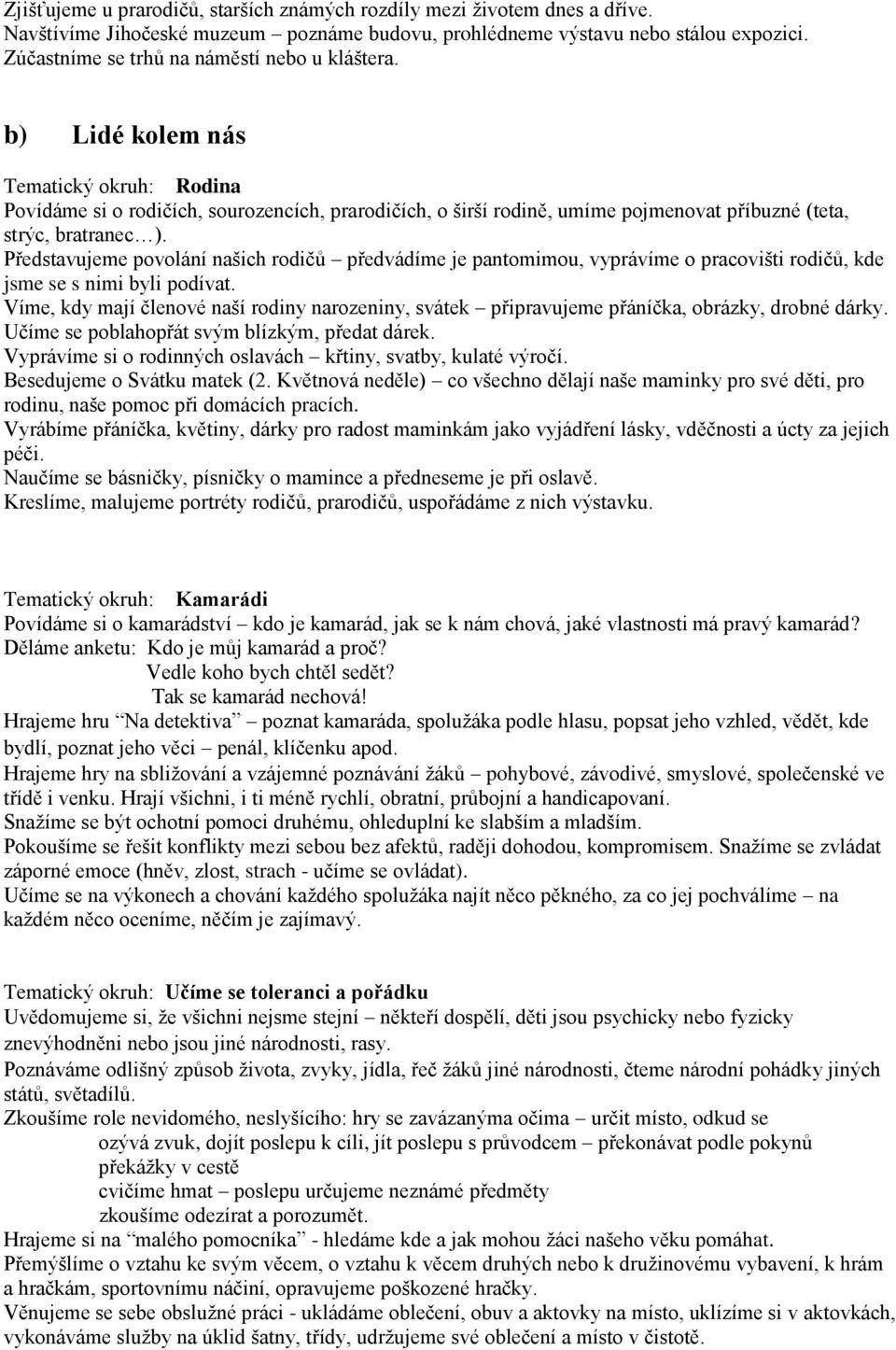 b) Lidé kolem nás Tematický okruh: Rodina Povídáme si o rodičích, sourozencích, prarodičích, o širší rodině, umíme pojmenovat příbuzné (teta, strýc, bratranec ).