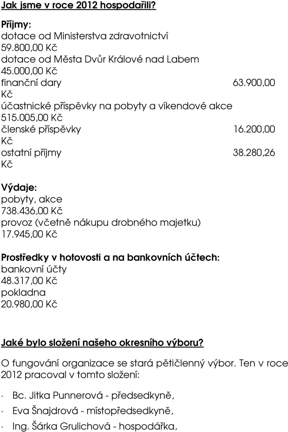 436,00 Kč provoz (včetně nákupu drobného majetku) 17.945,00 Kč Prostředky v hotovosti a na bankovních účtech: bankovní účty 48.317,00 Kč pokladna 20.