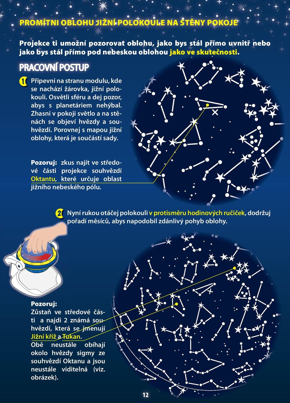 Zhasni v pokoji světlo a na stěnách se objeví hvězdy a souhvězdí. Porovnej s mapou jižní oblohy, která je součástí sady.