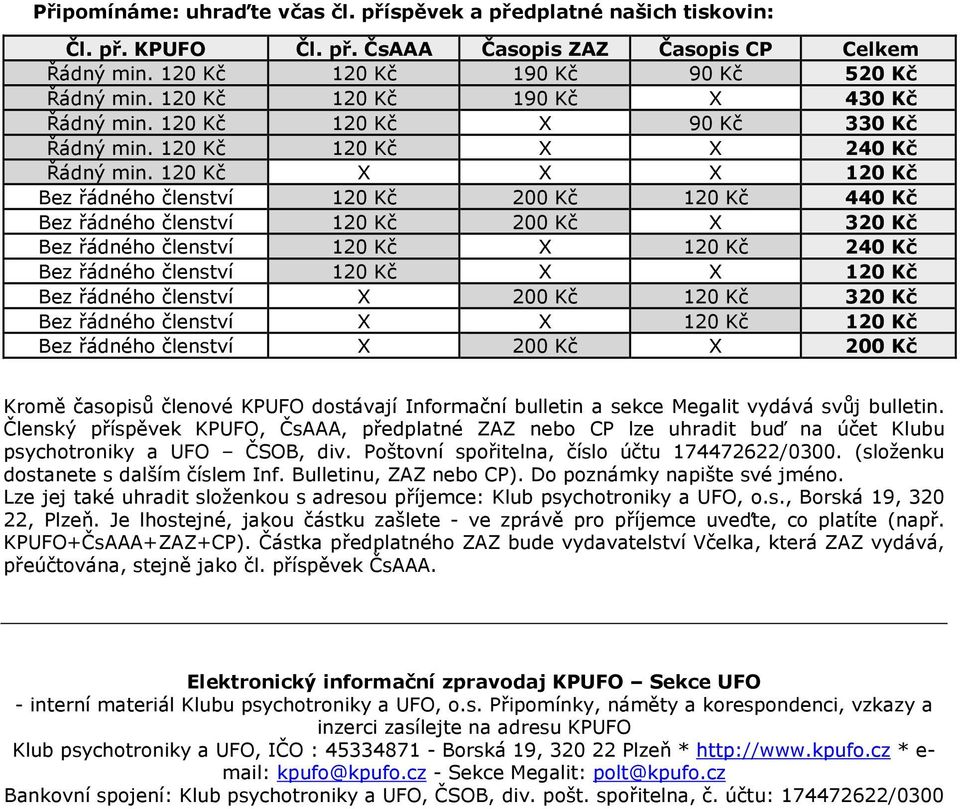 120 Kč X X X 120 Kč Bez řádného členství 120 Kč 200 Kč 120 Kč 440 Kč Bez řádného členství 120 Kč 200 Kč X 320 Kč Bez řádného členství 120 Kč X 120 Kč 240 Kč Bez řádného členství 120 Kč X X 120 Kč Bez