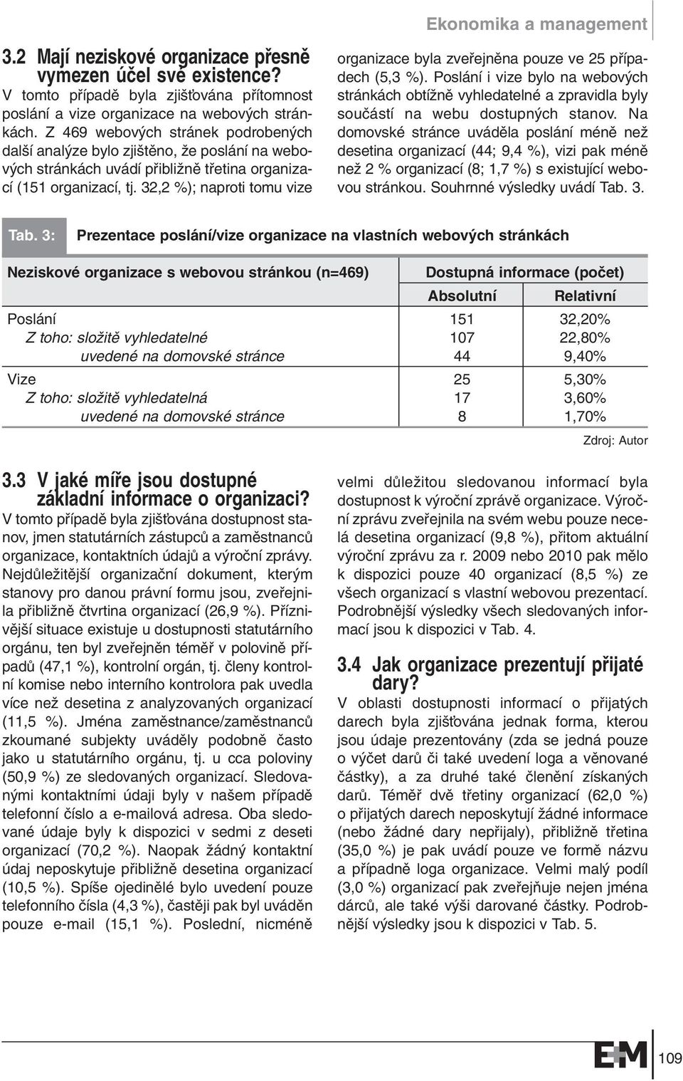 32,2 %); naproti tomu vize Ekonomika a management organizace byla zvefiejnûna pouze ve 25 pfiípadech (5,3 %).