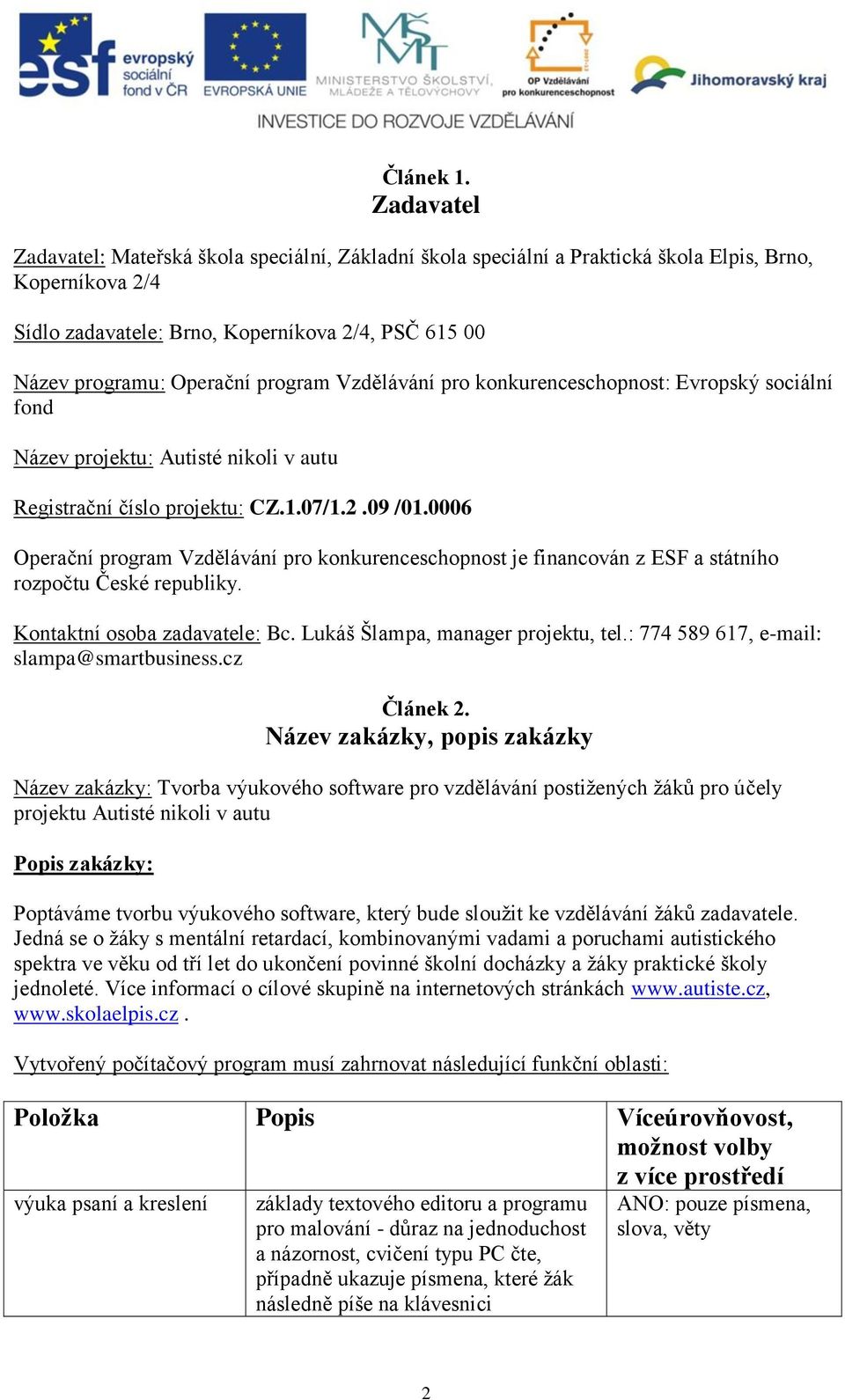 program Vzdělávání pro konkurenceschopnost: Evropský sociální fond Název projektu: Autisté nikoli v autu Registrační číslo projektu: CZ.1.07/1.2.09 /01.