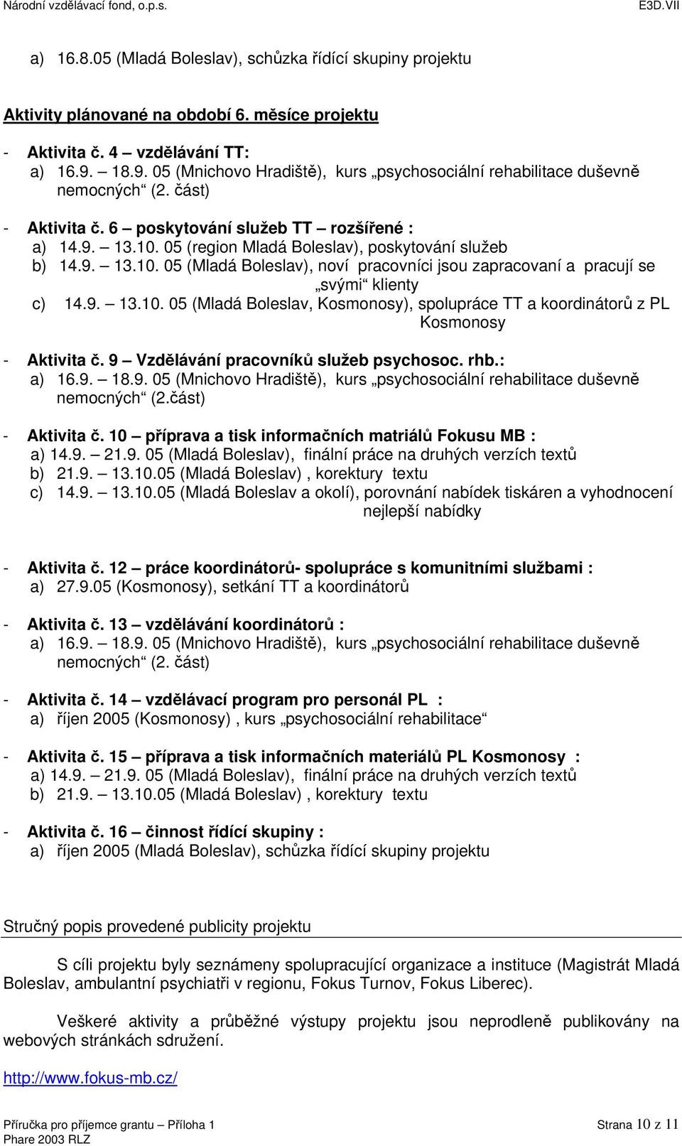 05 (region Mladá Boleslav), poskytování služeb b) 14.9. 13.10. 05 (Mladá Boleslav), noví pracovníci jsou zapracovaní a pracují se svými klienty c) 14.9. 13.10. 05 (Mladá Boleslav, Kosmonosy), spolupráce TT a koordinátorů z PL Kosmonosy - Aktivita č.