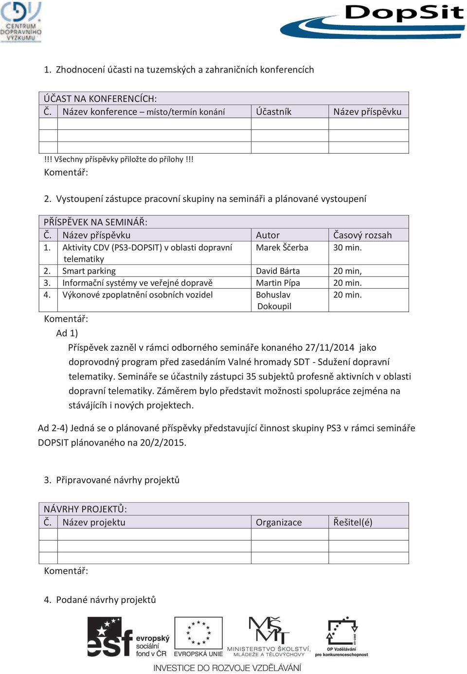 Aktivity CDV (PS3-DOPSIT) v oblasti dopravní Marek Ščerba 30 min. telematiky 2. Smart parking David Bárta 20 min, 3. Informační systémy ve veřejné dopravě Martin Pípa 20 min. 4.