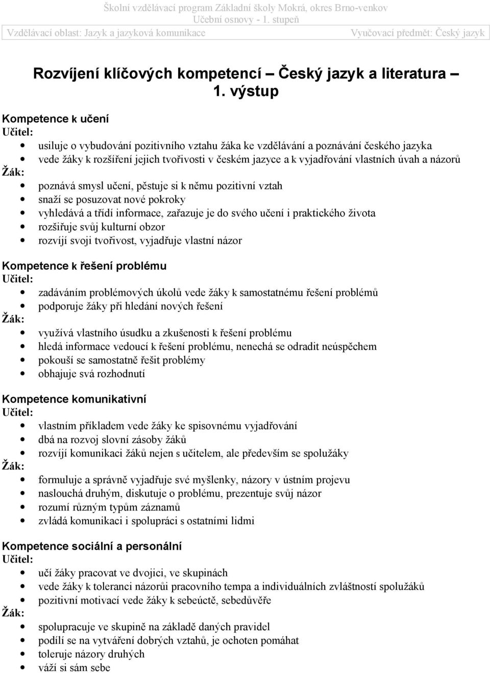 výstup Kompetence k učení usiluje o vybudování pozitivního vztahu žáka ke vzdělávání a poznávání českého jazyka vede žáky k rozšíření jejich tvořivosti v českém jazyce a k vyjadřování vlastních úvah