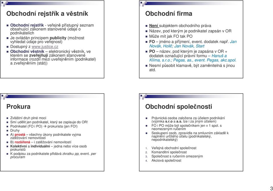 cz Obchodní vstník elektronický vstník, ve kterém se zveejují zákonem stanovené informace (rozdíl mezi uveejnním (podnikatel) a zveejnním (stát)) Obchodní firma Není subjektem obchodního práva Název,