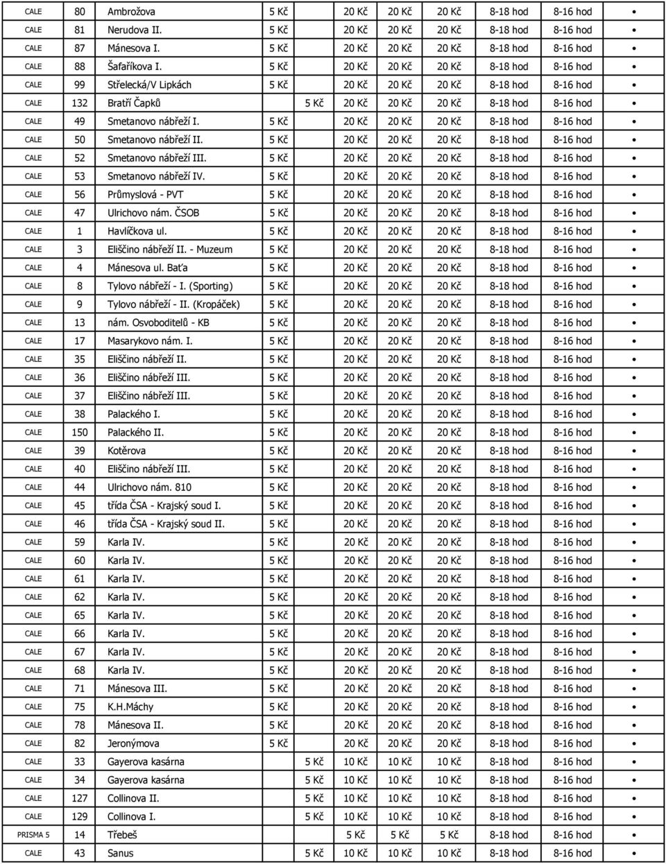 5 Kč 20 Kč 20 Kč 20 Kč 8-18 hod 8-16 hod CALE 99 Střelecká/V Lipkách 5 Kč 20 Kč 20 Kč 20 Kč 8-18 hod 8-16 hod CALE 132 Bratří Čapků 5 Kč 20 Kč 20 Kč 20 Kč 8-18 hod 8-16 hod CALE 49 Smetanovo nábřeží