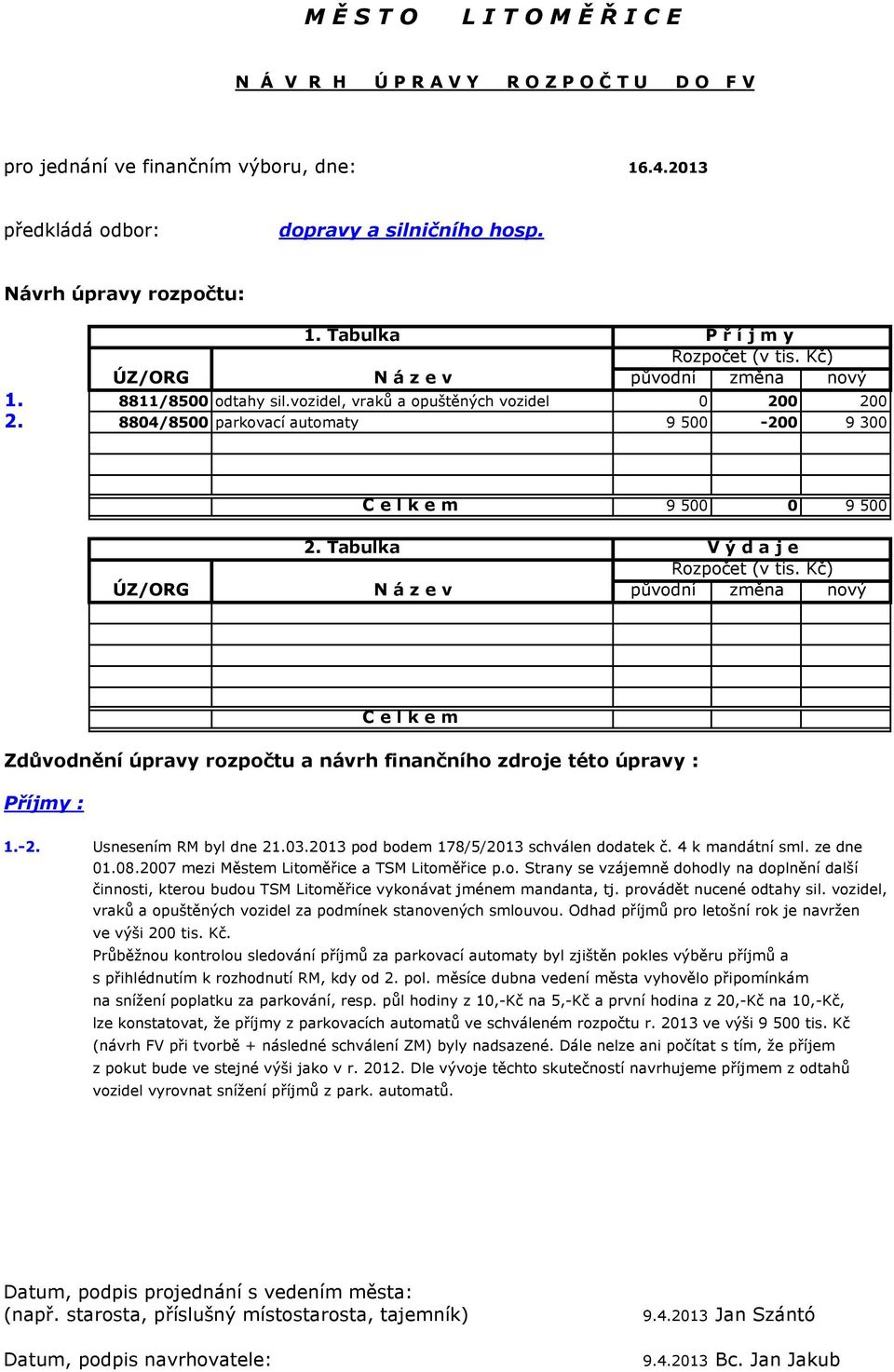 Tabulka V ý d a j e Zdůvodnění úpravy rozpočtu a návrh finančního zdroje této úpravy : Příjmy : 1.-2. Usnesením RM byl dne 21.03.2013 pod bodem 178/5/2013 schválen dodatek č. 4 k mandátní sml.