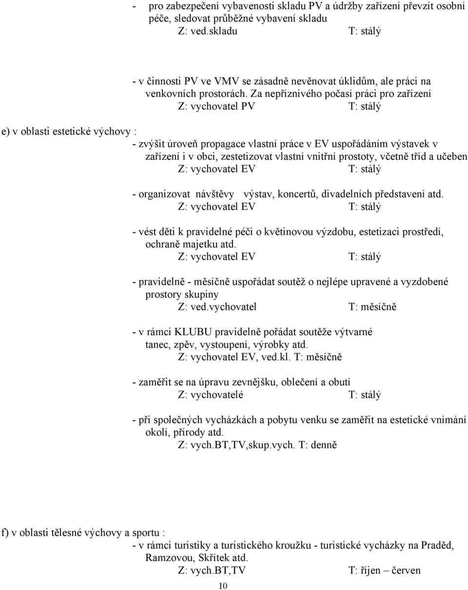 Za nepříznivého počasí práci pro zařízení Z: vychovatel PV T: stálý e) v oblasti estetické výchovy : - zvýšit úroveň propagace vlastní práce v EV uspořádáním výstavek v zařízení i v obci,