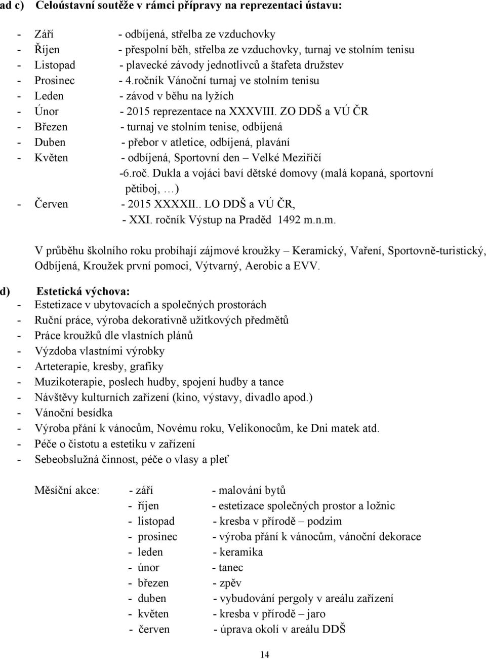 ZO DDŠ a VÚ ČR - Březen - turnaj ve stolním tenise, odbíjená - Duben - přebor v atletice, odbíjená, plavání - Květen - odbíjená, Sportovní den Velké Meziříčí -6.roč.