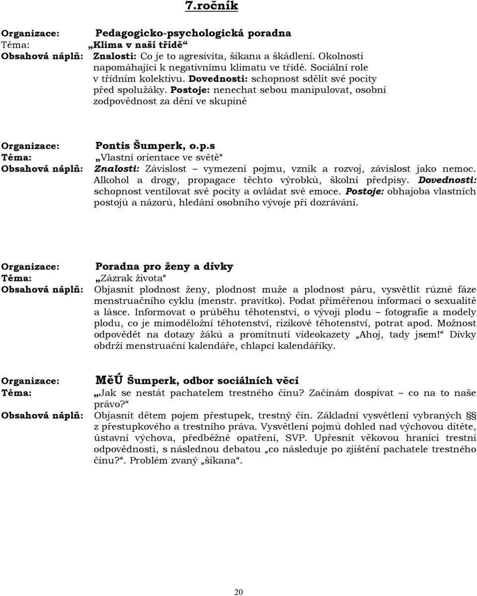 Alkohol a drogy, propagace těchto výrobků, školní předpisy. Dovednosti: schopnost ventilovat své pocity a ovládat své emoce.