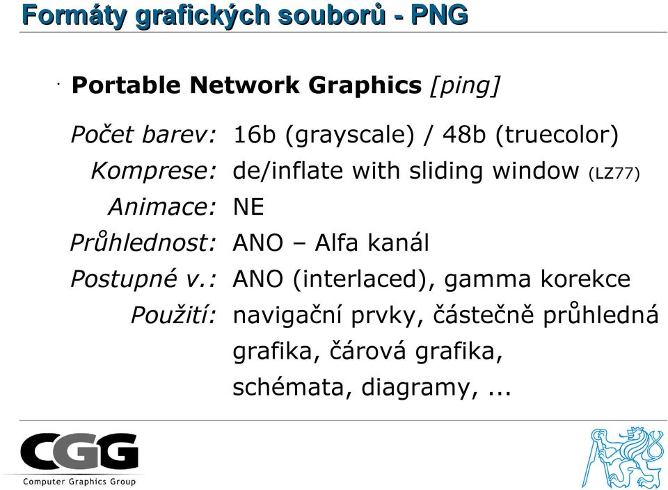 : Použití: 16b (grayscale) / 48b (truecolor) de/inflate with sliding window (LZ77)