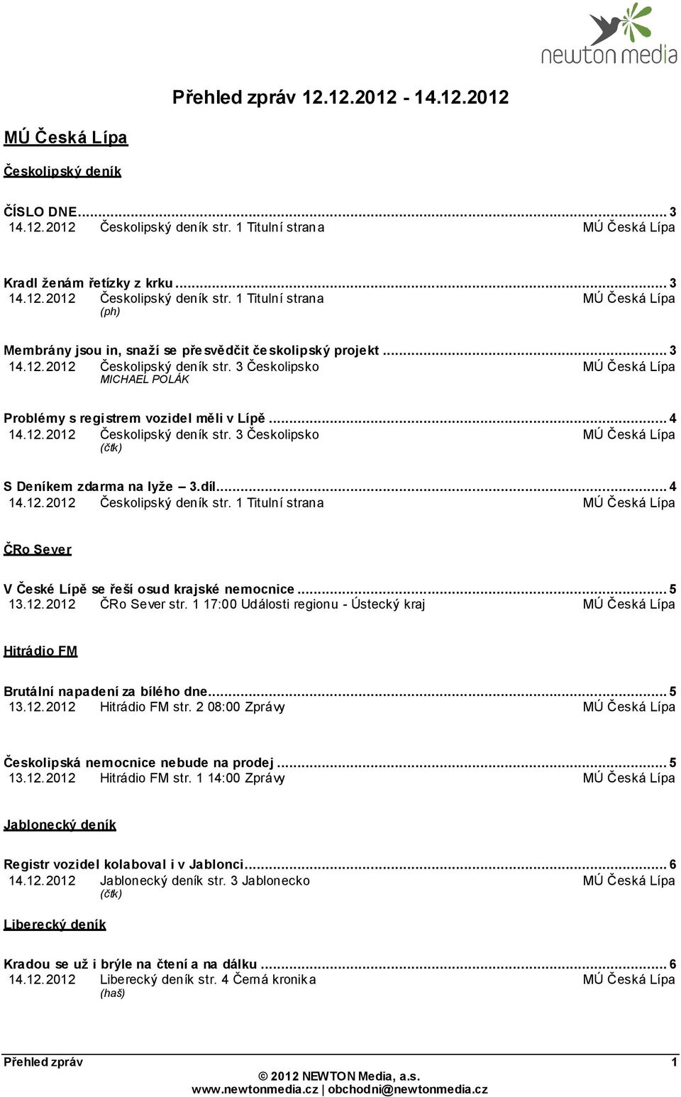 .. 4 14.12.2012 Českolipský deník str. 1 Titulní strana ČRo Sever V České Lípě se řeší osud krajské nemocnice... 5 13.12.2012 ČRo Sever str.