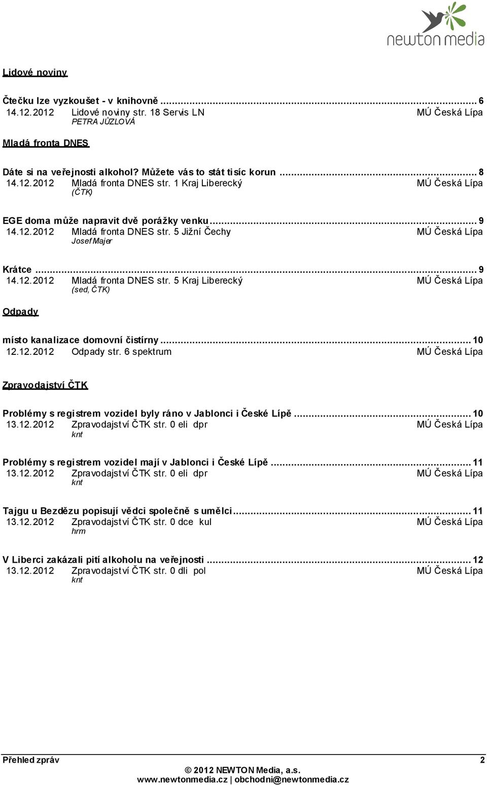 .. 10 12.12.2012 Odpady str. 6 spektrum Zpravodajství ČTK Problémy s registrem vozidel byly ráno v Jablonci i České Lípě... 10 13.12.2012 Zpravodajství ČTK str.
