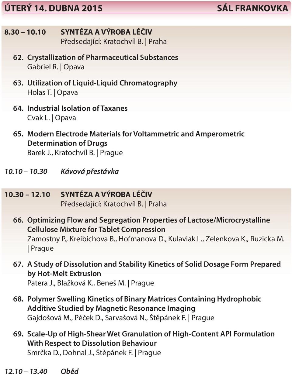 Modern Electrode Materials for Voltammetric and Amperometric Determination of Drugs Barek J., Kratochvíl B. Prague 10.10 10.30 Kávová přestávka 10.30 12.