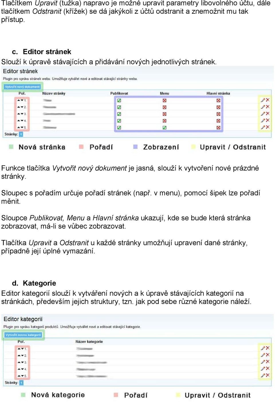 Sloupec s pořadím určuje pořadí stránek (např. v menu), pomocí šipek lze pořadí měnit.