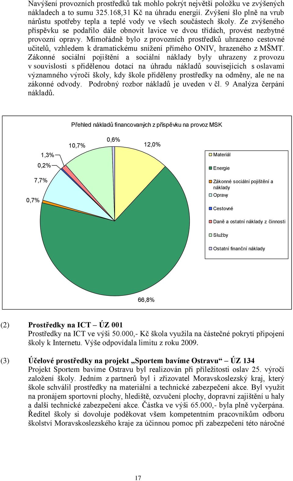 Mimořádně bylo z provozních prostředků uhrazeno cestovné učitelů, vzhledem k dramatickému sníţení přímého ONIV, hrazeného z MŠMT.