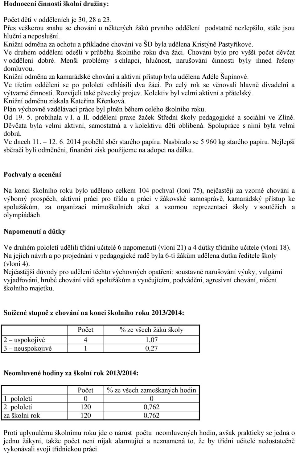 Menší problémy s chlapci, hlučnost, narušování činnosti byly ihned řešeny domluvou. Knižní odměna za kamarádské chování a aktivní přístup byla udělena Adéle Šupinové.