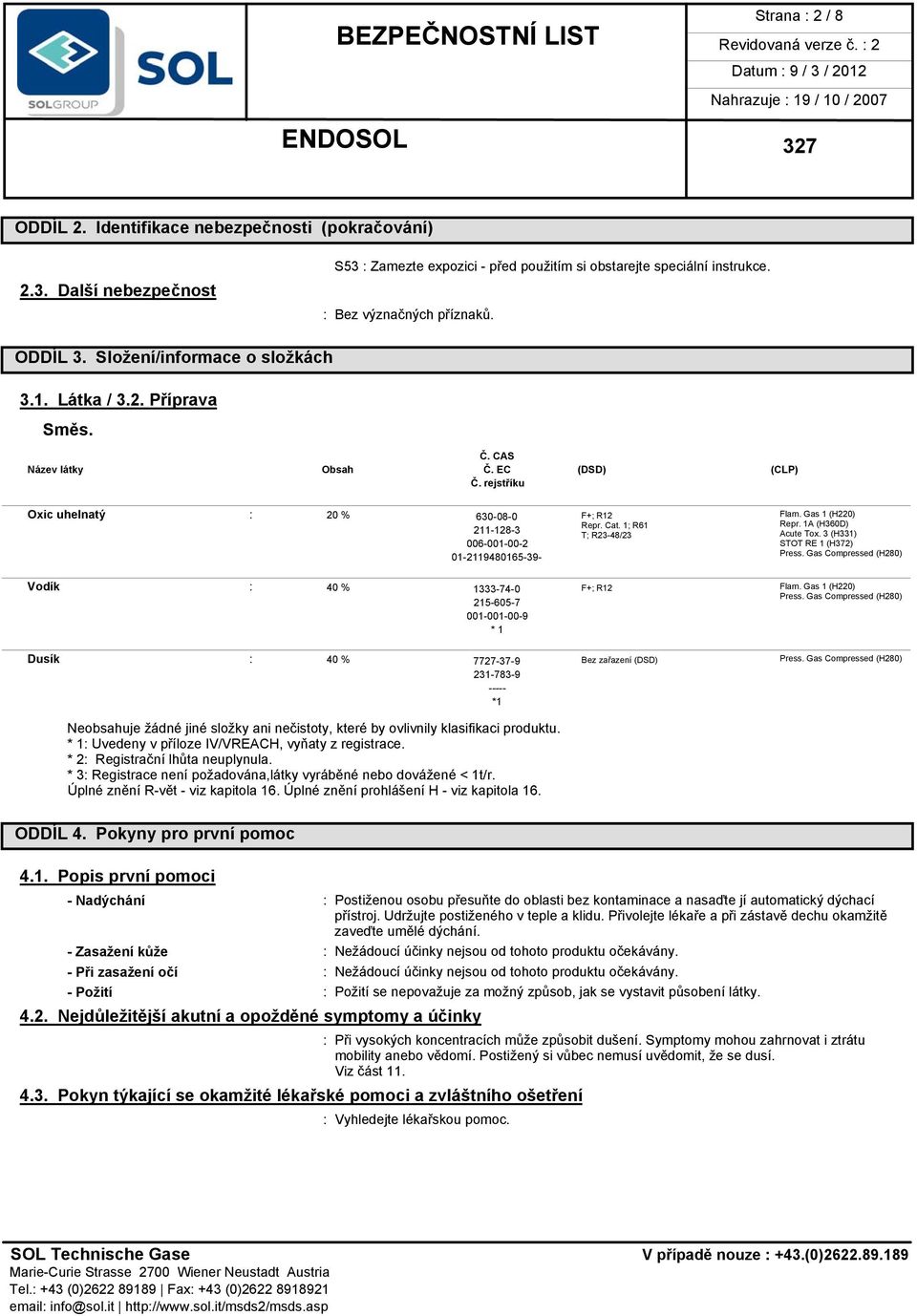 1A (H360D) 211-128-3 T; R23-48/23 Acute Tox. 3 (H331) 006-001-00-2 STOT RE 1 (H372) Press. Gas Compressed (H280) 01-2119480165-39- Vodík : 40 % 1333-74-0 F+; R12 Flam.